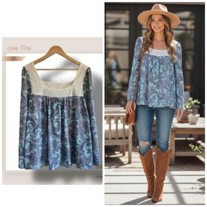 🌿LoveFire Women's XL Boho Peasant Blouse with Back Ties and Bell Sleeves!